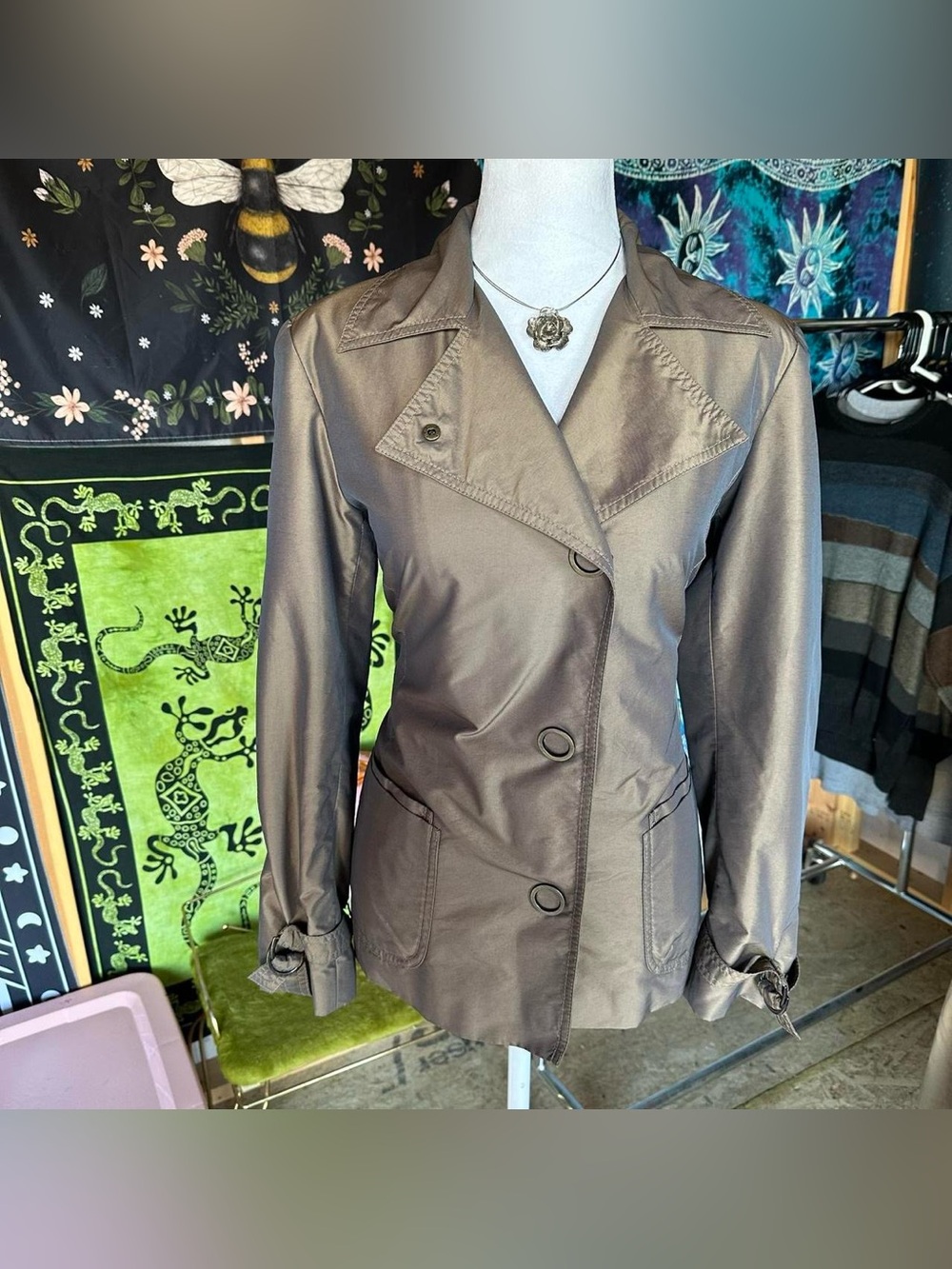 Gallery Satin-Like Brown Trench Jacket W/ Matching Belt